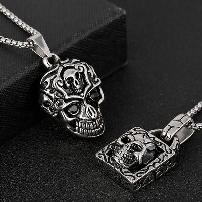 Herren Edelstahl Gothic Biker Totenkopf Anhänger Halskette mit 50/55/60CM Kette für Damen Punk FaithHeart Skelett Halsschmuck