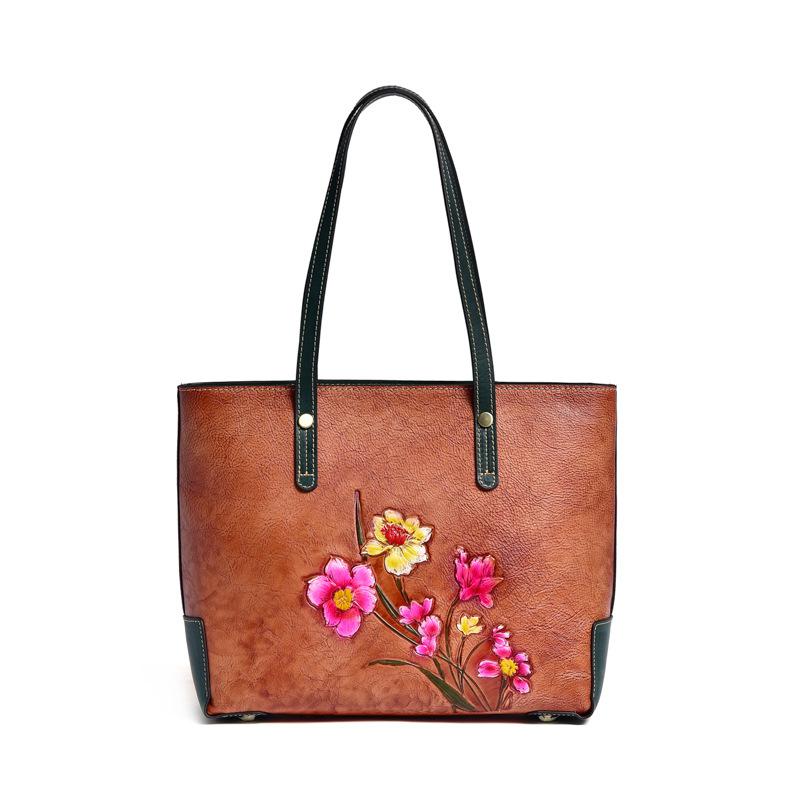 

Johnature винтажная женская повседневная сумка-тоут в стиле ретро, ​​сумки из натуральной кожи, большие вместительные сумки ручной работы с тиснением на плечо коричневый