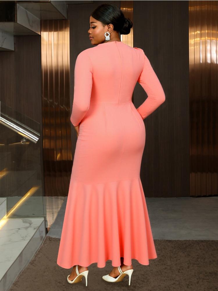 Elegant Pink Maxi Mermaid Dress with Long Sleeve Patchwork 3D Flower Bodycon Perfect for Cocktail Dinner Formal Party Gown