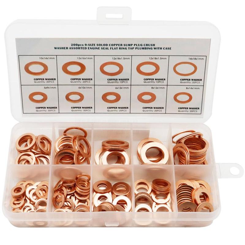 200 Pcs Copper Sealing Solid Gasket Washer Sump Plug Oil For Boat Crush Flat Seal Ring Tool Hardware M5/M6/M8/M10/M12/M14 Pack