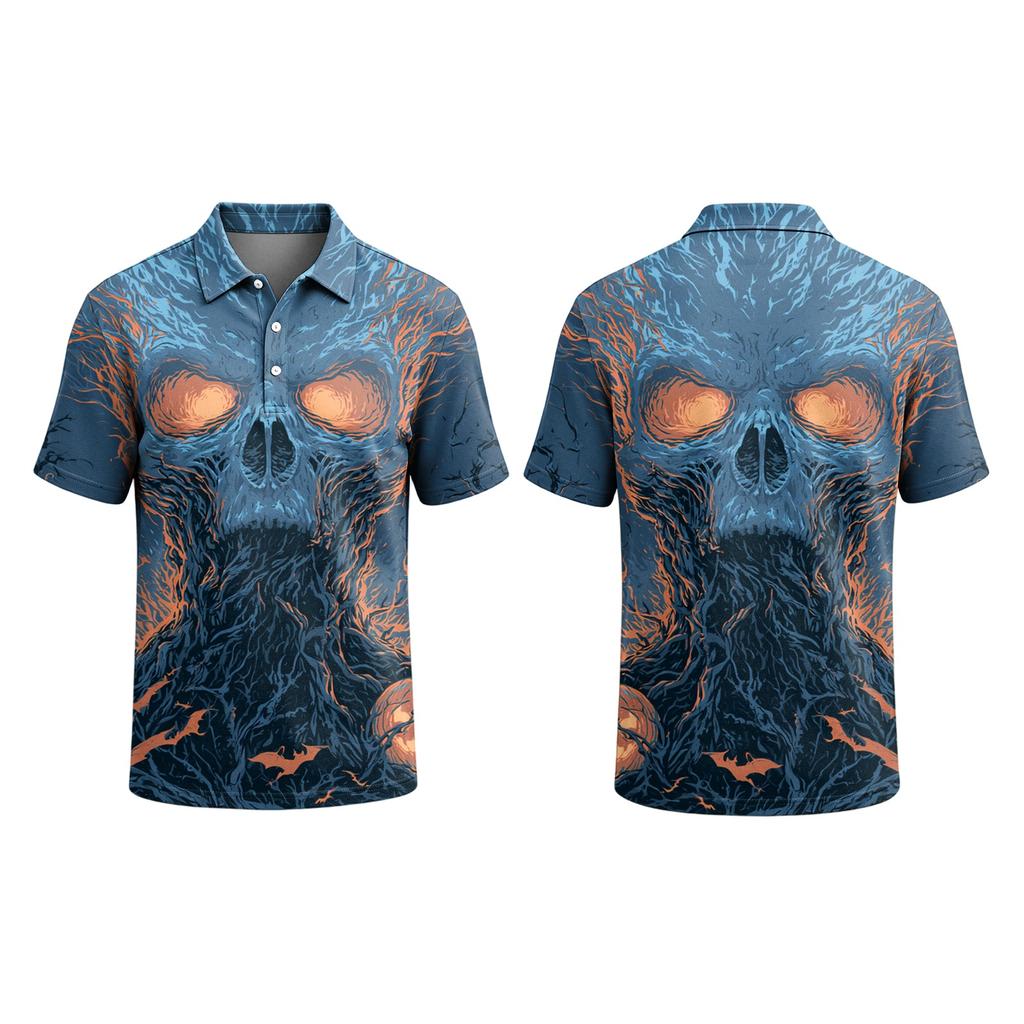 Men's Halloween Print Casual Short Sleeve Shirt Fashion Lapel Collar Relaxed Fit Lightweight Breathable Top for Everyday Wear