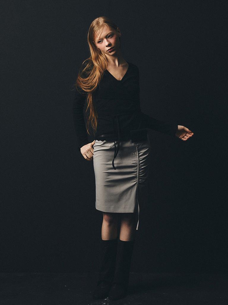 Half Devils Strap Shirred Skirt_Warm Gray