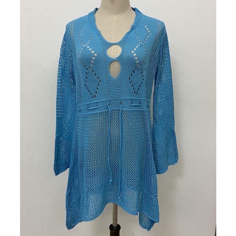 White Hollow Knitted Cover Shirt Flared Sleeves See Through Knitwear Women's Pullover Thin Long Sweater Lace-up Jersey Dress Sexy Swimsuit Blouses