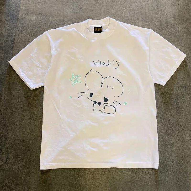 Loose Fit Cotton Tshirt Short Sleeve Double Thread Retro Style For Couples Unisex Unisex Comfortable Breathable Casual Wear