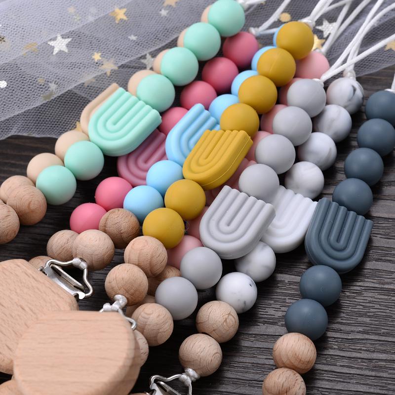 New Baby Pacifier Clips Round Beech Clips Silicone Rainbow Beads for Dummy Nipple Holder Soother Chain Teether Toy