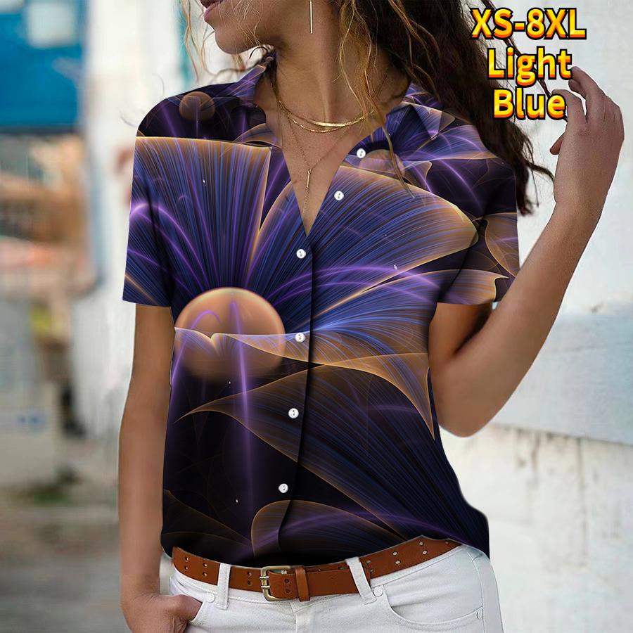 

2025 Summer New Fashion Women s Abstract Printed Short Sleeve V-neck Casual Button-down Shirt Top XS синій