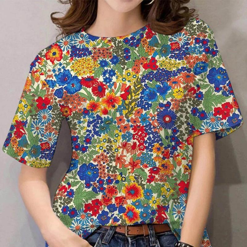 Moda Donna Girocollo Manica Corta Stampa Floreale 3D T-shirt a Manica Corta Girocollo con Fiori Colorati