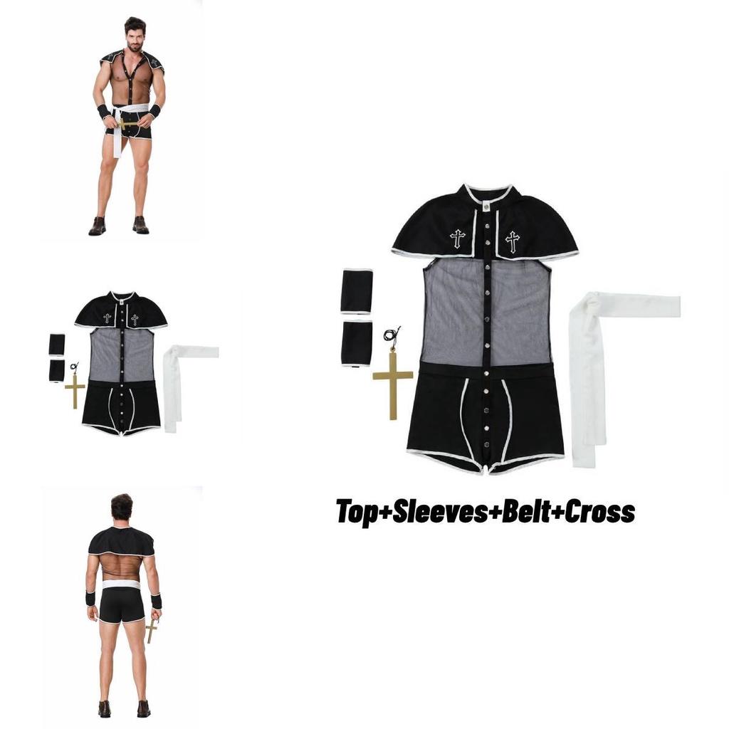 2023 New European And American Men's Adult Nightclub Sexy Mesh Bodysuit Priest Roleplay Costume