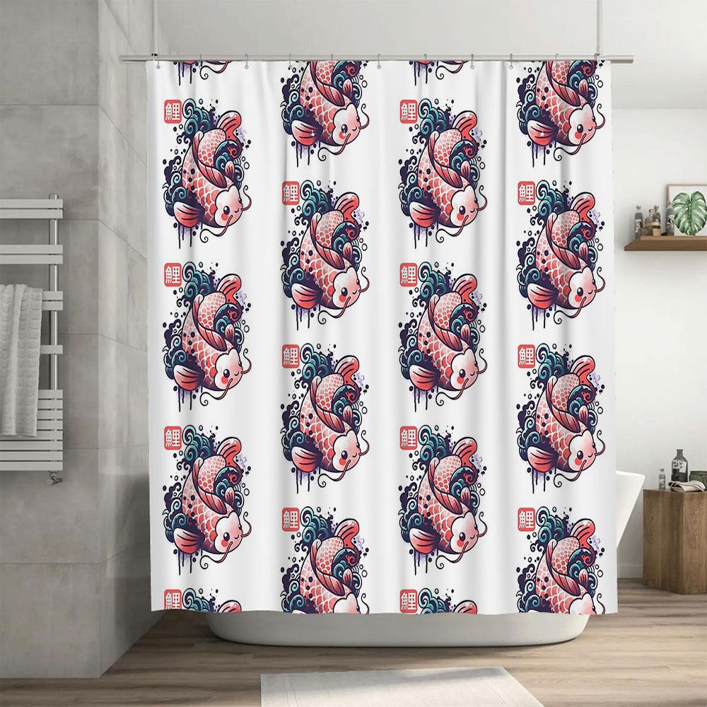 Unframed Japanese Koi Fish Shower Curtain Ocean Wave Pattern Bathroom Decor Waterproof Fabric Liner Vintage Artistic Home Textil