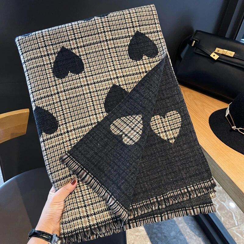 Cachecol de caxemira dupla face outono inverno feminino amor coração xadrez moda feminina longo engrossado quente cachecol de malha hijab estola