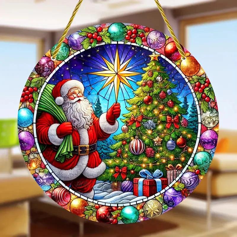 Santa Claus Acrylic Stained Glass Disc – Perfect Window Hanging Decor for Living Rooms, Bedrooms & Outdoor Spaces