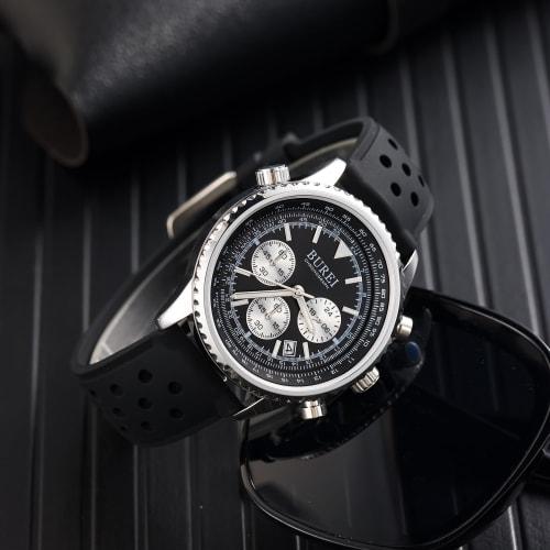 BUREI Men's Quartz Chronograph Watch, Waterproof, Analog, Date Display, Urethane Strap, Black, Gift for Men