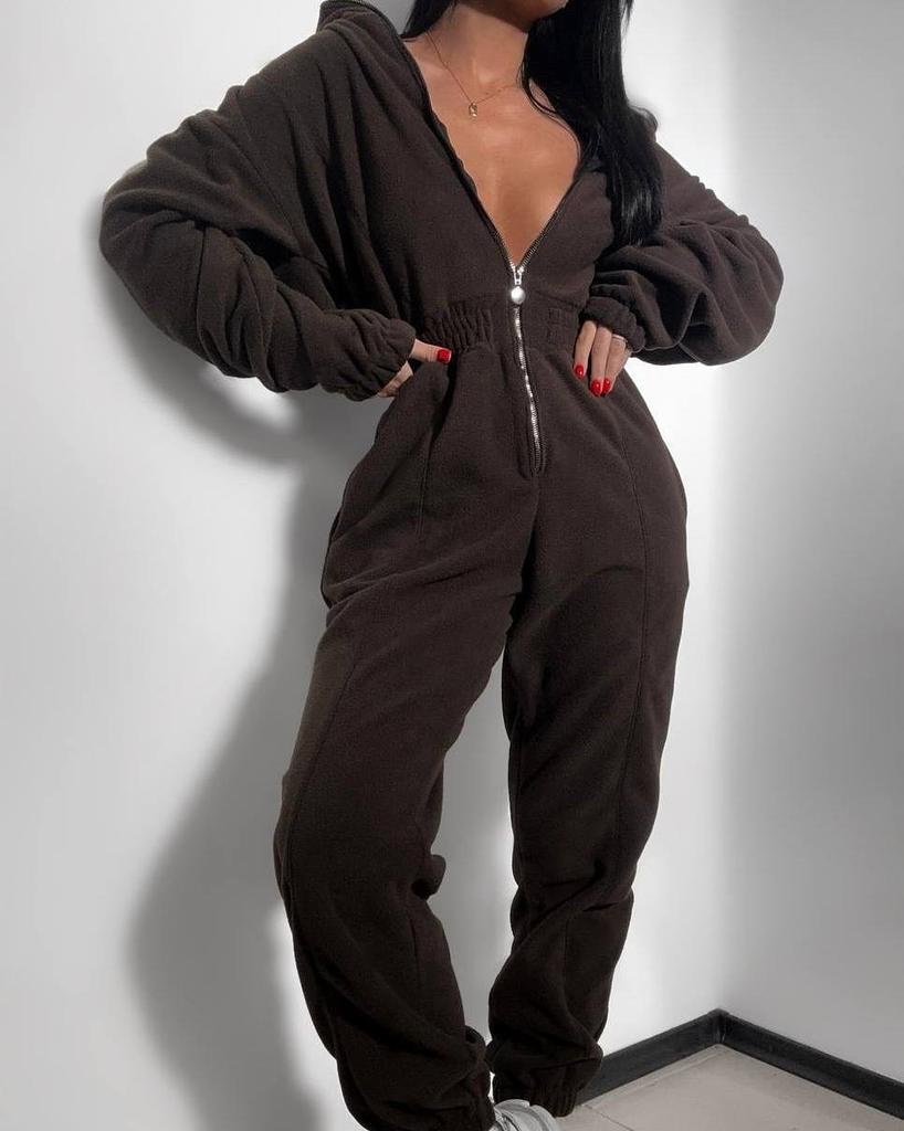 European and American casual sports women's clothing solid color long-sleeved zipper hooded women's fleece fashion onesie