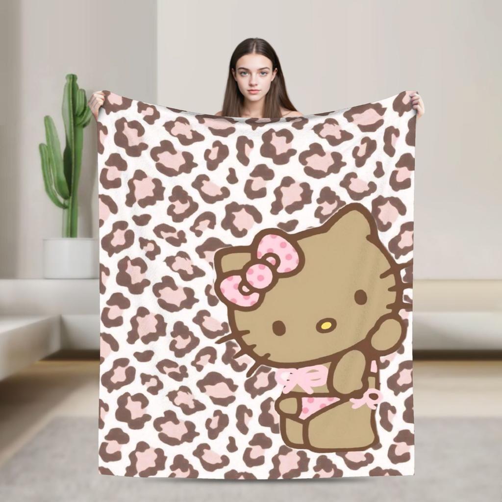 Leopard Hello Kitty Cartoon Blankets Coral Fleece Plush  Winter  Portable Lightweight Throw Blankets for Bed Outdoor Quilt