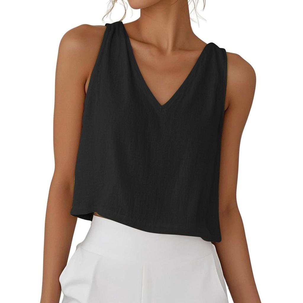 Women's Fashionable Solid Color V-neck Cotton Linen Casual Vest Sleeveless Top