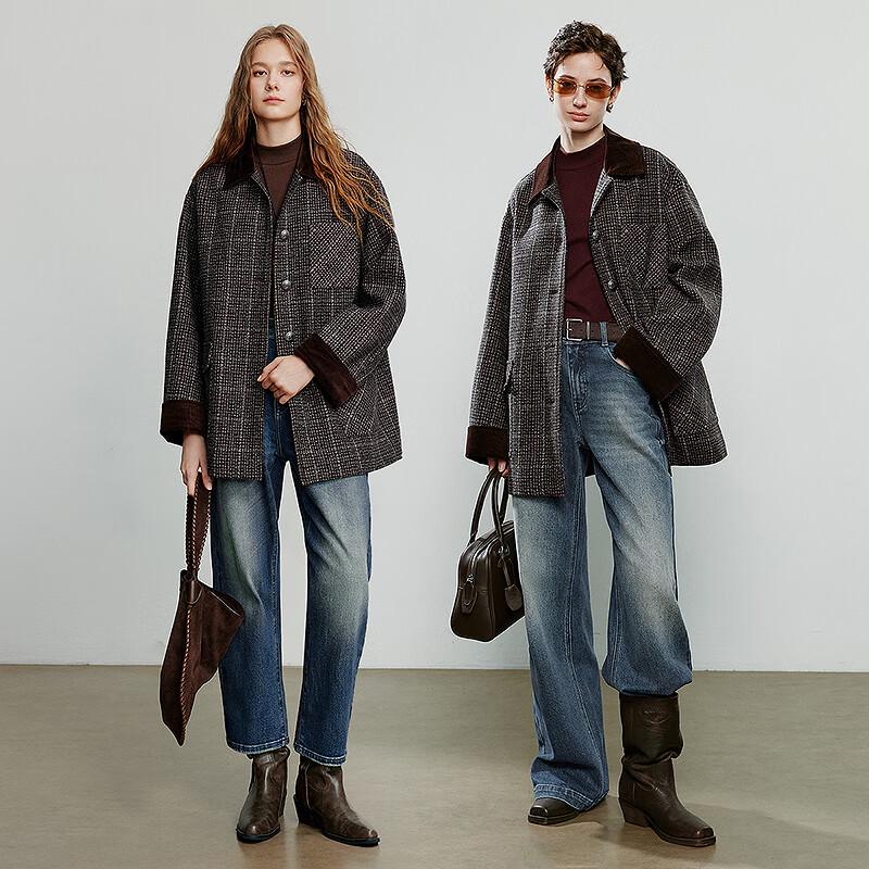 Chuyu Women's 100% Lamb Wool Plaid Tweed Corduroy Overcoat