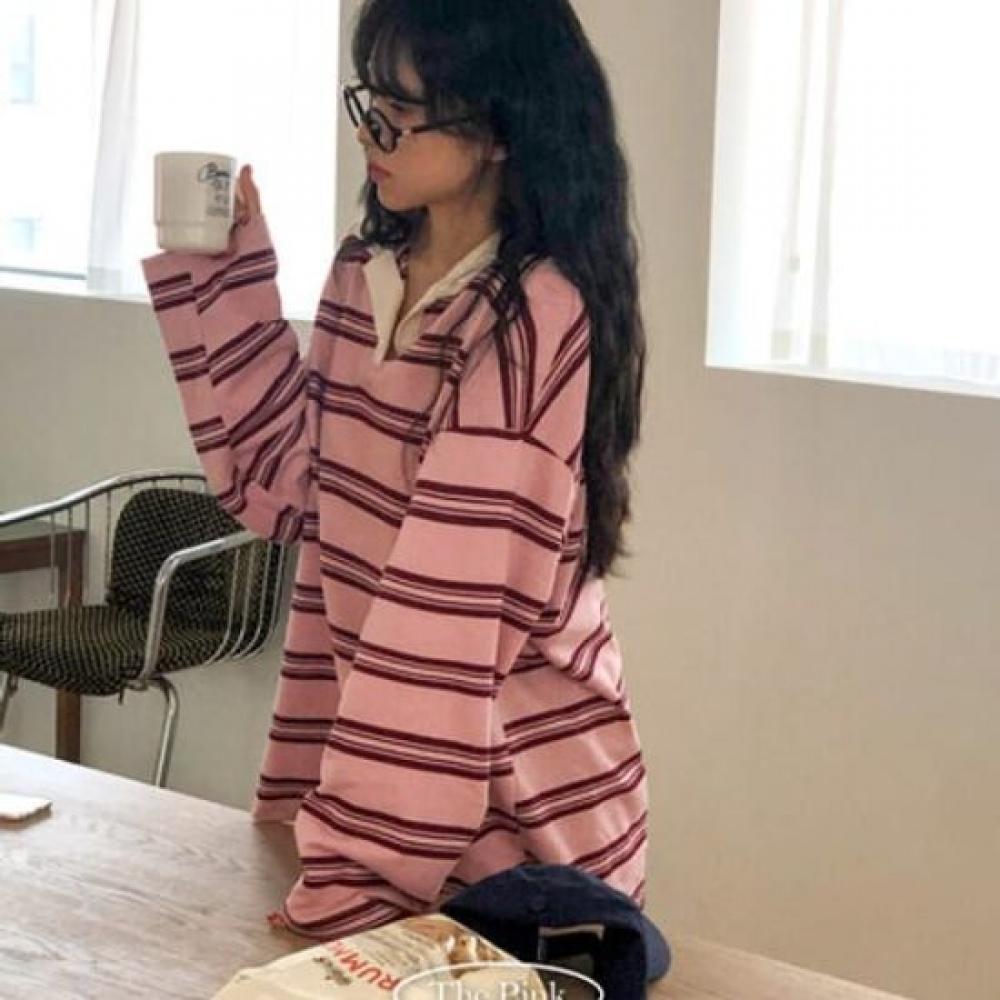 The Pink Oversized Color STripe Long Sleeve T shirT