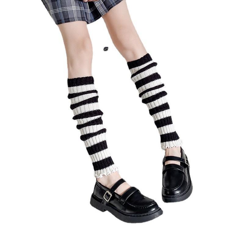 Women's White Striped Lolita Mid-Calf Socks - Cute Autumn Knee Pads with Leather Shoes
