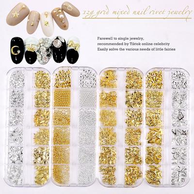 Japanese Bow Strip Box, Gold And Silver Nail Art Rivets, Half A Piece, Round Beads, Small Rice Grains, Butterfly Metal Nail Patch.