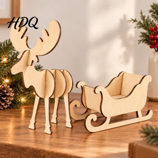 Festive Elk And Sleigh Model Wooden Christmas and Tabletop Ornament DIY Wood Art Craft