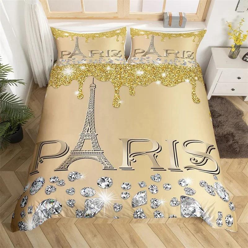 Paris Duvet Cover Set Eiffel Tower Bedding Set Queen Polyester Romantic French Flower Quilt Cover For Girl Teen Women Room Decor
