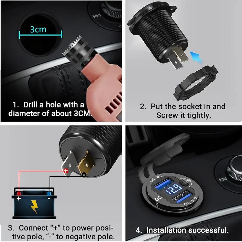 USB Car Fast Charger Socket Dual Qc3.0 Quicker Charger Adapter with Switch for 12-24v Marine Motorcycle Truck