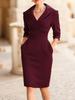 Robe midi crayon pour femme à revers en V manches trois quarts unie taille haute coupe ajustée avec poches Robe de bureau