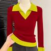 Women's Color-block Polo Knit Sweater Autumn Winter Slim-fit Stretchy Knit Sweater Soft Skin-friendly Knit Pullover