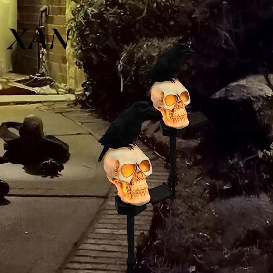 Decorative Cemetery Stakes for Parties LED Solar Crow Skull Light, Waterproof Halloween Pathway Gothic Weatherproof Lights Outside on Skeleton