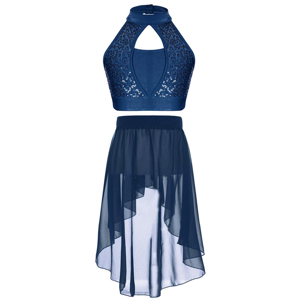 Kids Two Piece Performance Costume Sequin Crop Top Hollow Front Keyhole Back Irregular Chiffon Skirt Dance Outfit Set