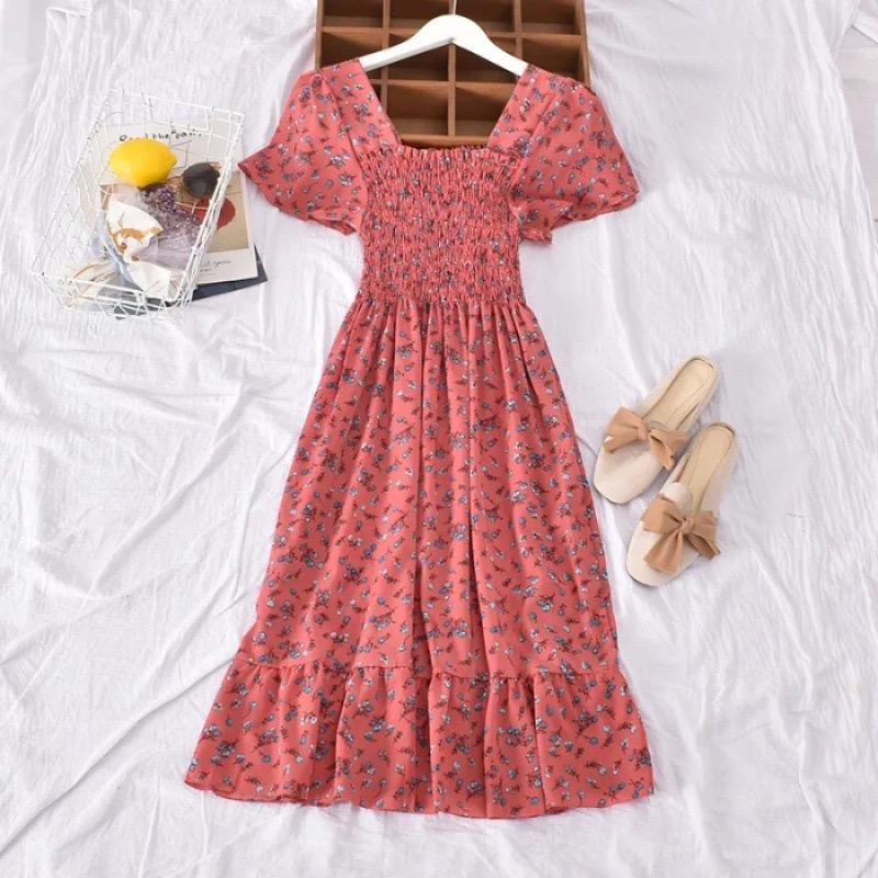 New Spring Summer Dress Women Mini Dresses Female Short Sleeve Elastic Bust Printed Floral Pleated Backless Casual Dress