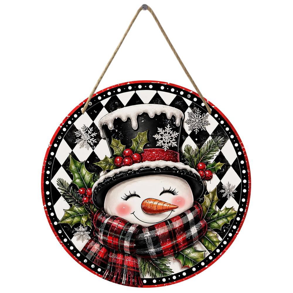 Snowman winter plaid patterned Round Wooden Hanging Plaque farmhouse wall art front door sign holiday Christmas home decor indoor outdoor ornaments