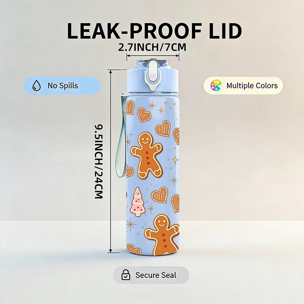 1PC Gingerbread Cookie Xmas Repeat Print 750ml Color Plastic Sports Water Bottle Leakproof Flip Straw Lid Suitable for Sports Office Home Use