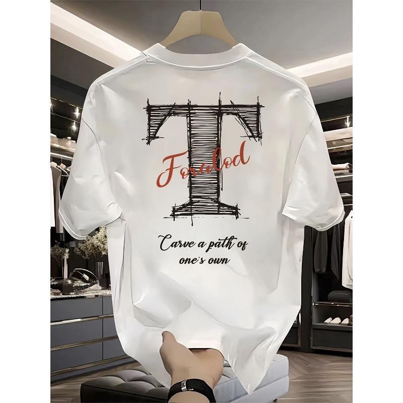 European sizes Cotton T-shirt, Men's Top - Line Letter "T" Shape | Men's Pattern Printed T-shirt | and Nostalgic