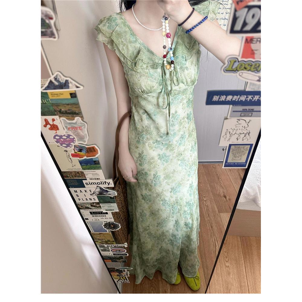 Dívčí nové letní krásné zelené květinové šaty Dětské šaty s krátkým rukávem a pasem