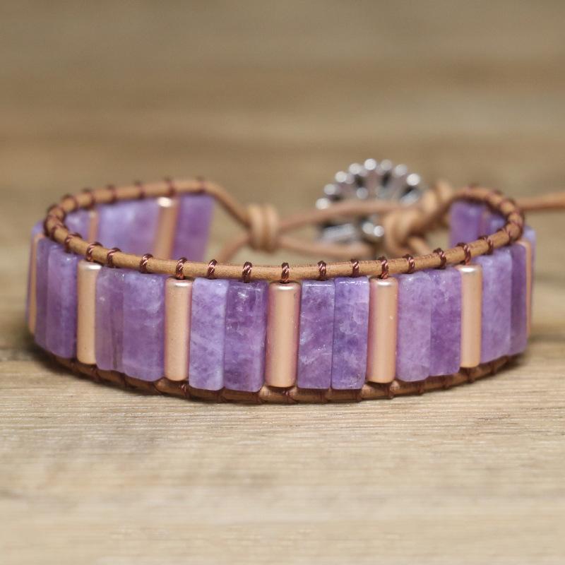 

Lepidagger Tube Bead Leather Wrap Bracelet – Rose Gold Brown Boho Cuff, Calm Meditation Gift for Women фиолетовый
