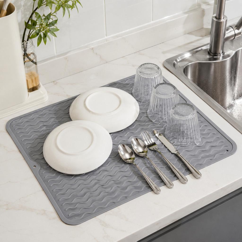 Silicone Dish Drying Mat Medium Size Flexible Non-Slip Water Draining Mat with Wave Pattern for Kitchen Sink Countertop Use