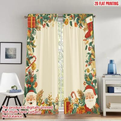 Ensemble de 2 Rideaux Chauds Imprimés à Plat Classiques de Noël Père Noël Cadeaux Rideaux en Polyester Imprimés Numériquement Rideau de Fête