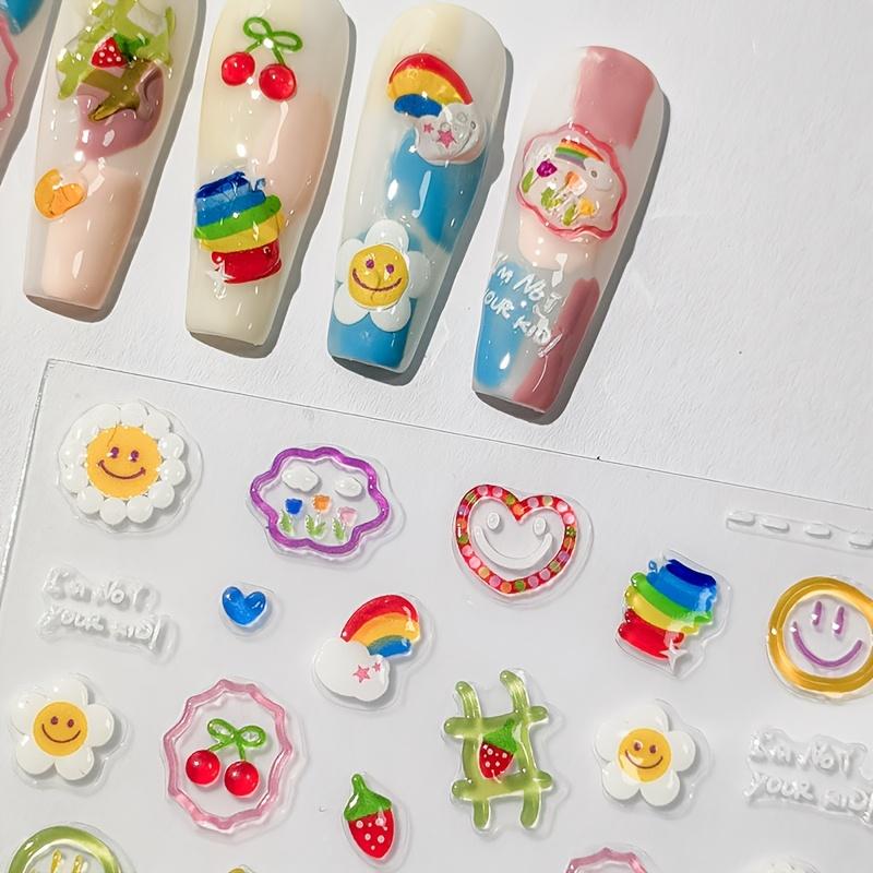 Summer Dopamine 3D Jelly Glue Nail Art Stickers, Cartoon Patterns with Heart, Cherry, Sunflower, Plastic Self-Adhesive for DIY Manicure