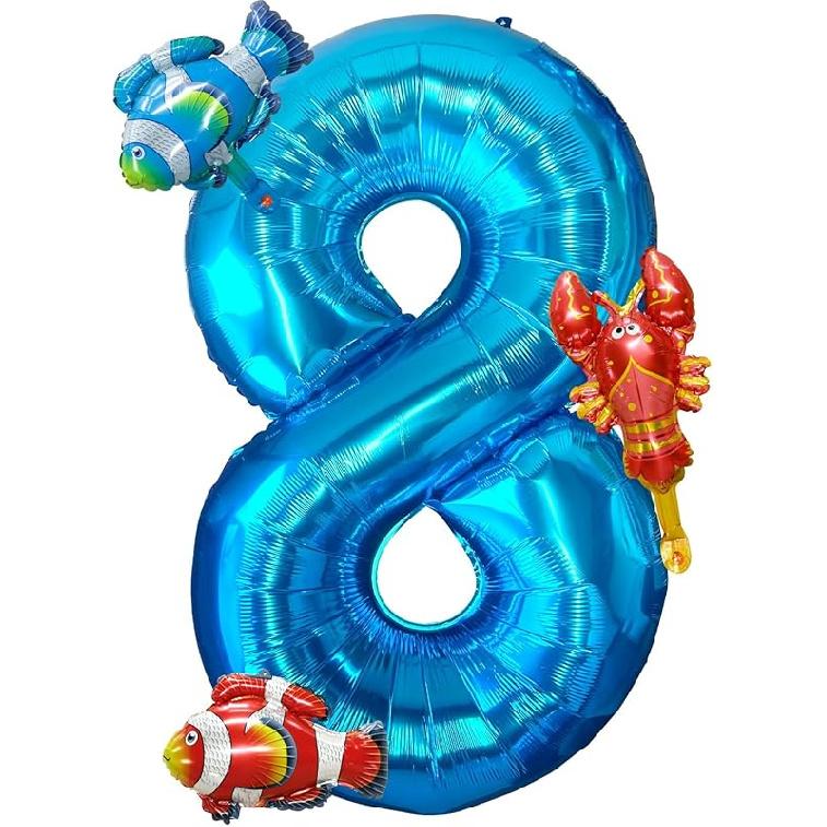 40 Inch Under the Sea Blue Number 1 Balloon, Mini Sea Animal Balloons Ocean Animal Foil Balloon, Fish Crawfish Balloons for Boys Girls Ocean Theme