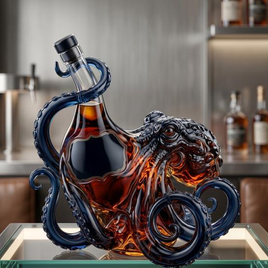 Octopus-Shaped Glass Decanter, 3D Artistic Borosilicate Bottle for Whiskey Wine Soda, 350ml Decorative Liquid Bottle, Unique Bar Decor Gift for