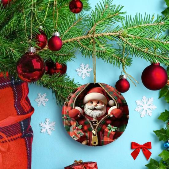 Vánoční ozdoby Santa Claus/Sobi/Tučňák/Perníkový muž v červeném kostkovaném designu na zip Kulaté 2D akrylové ozdoby na sváteční strom