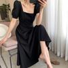 Black dress women's summer new ins coffee break dress temperament square collar knee long Hepburn style little black dress