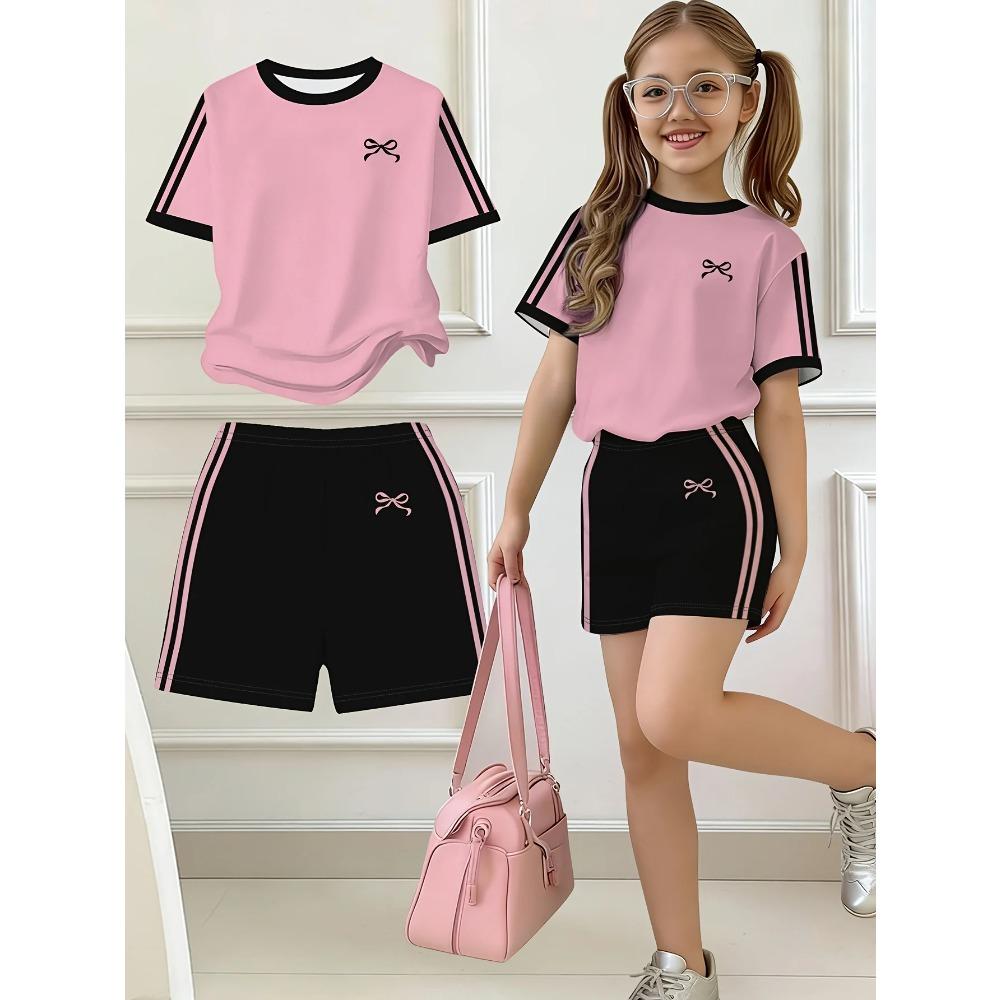 Kids Clothes, Girls 2pcs Set, Easy Bow Print Short Sleeve T-Shirt and Shorts Set, Suitable for Spring and Summer, Y2K Fashion Clothing