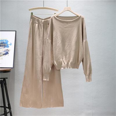 Women's Spring Casual One Shoulder Set Loose Knitted Sweater Wide Leg Pants Two Piece Set Trendy