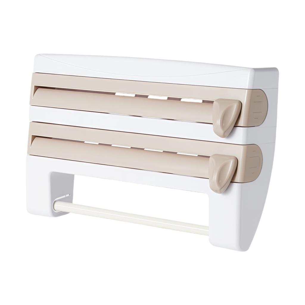 Space Saving 3 In 1 Film Organizer with Cutter for Aluminum Foil Plastic Wrap and Paper Towel Holder with Smooth Roll Dispensing