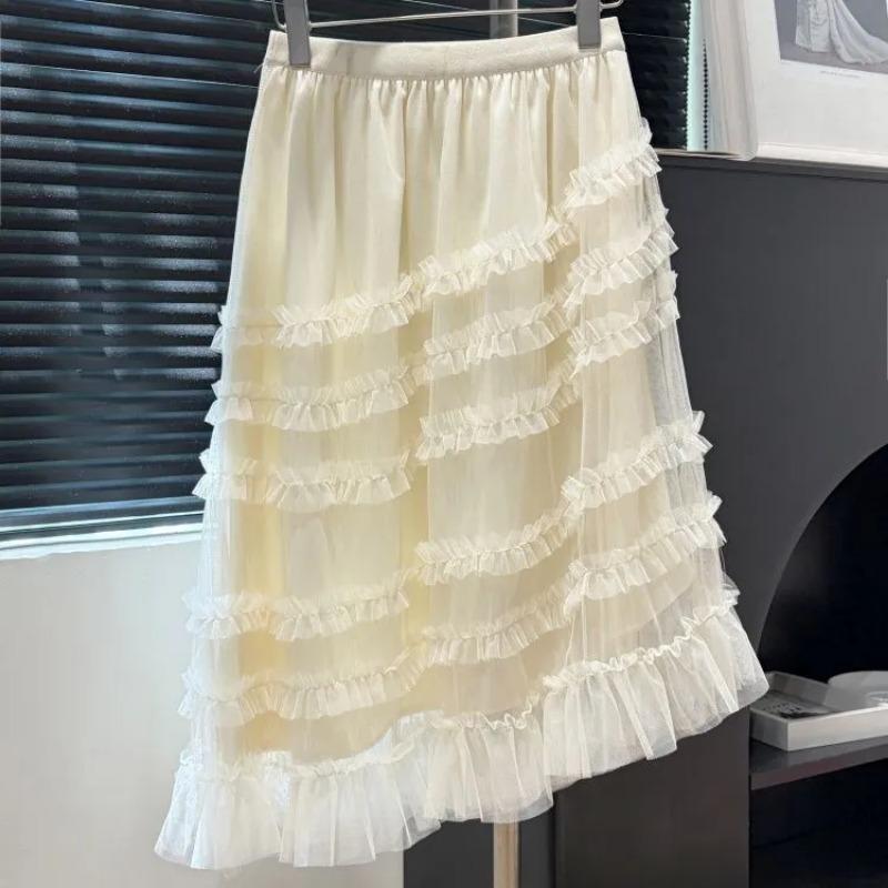 women tulle ruffle midi skirt elastic waist casual solid color layered mesh a-line skirt M