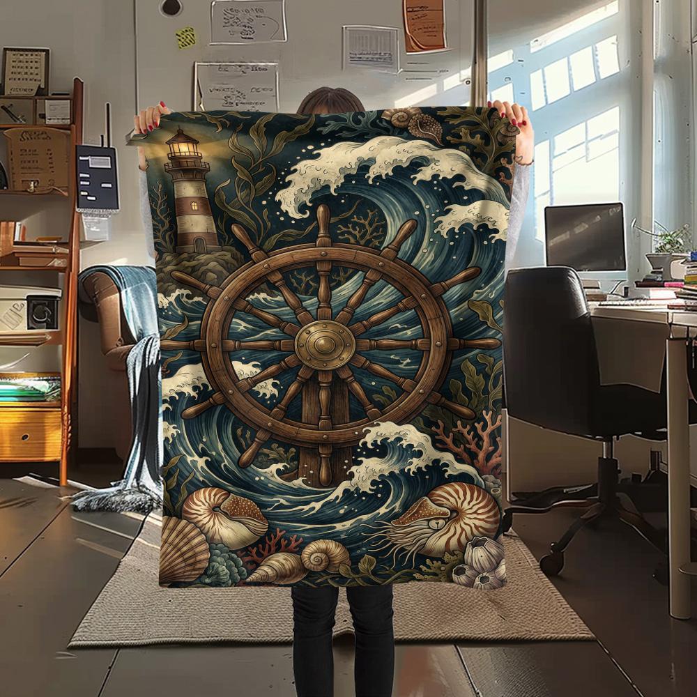 1PC Ships and Lighthouses Print FlAannel Blanket, High Quality Comfortable for All Seasons, Home Decor, Warmth and Comfort