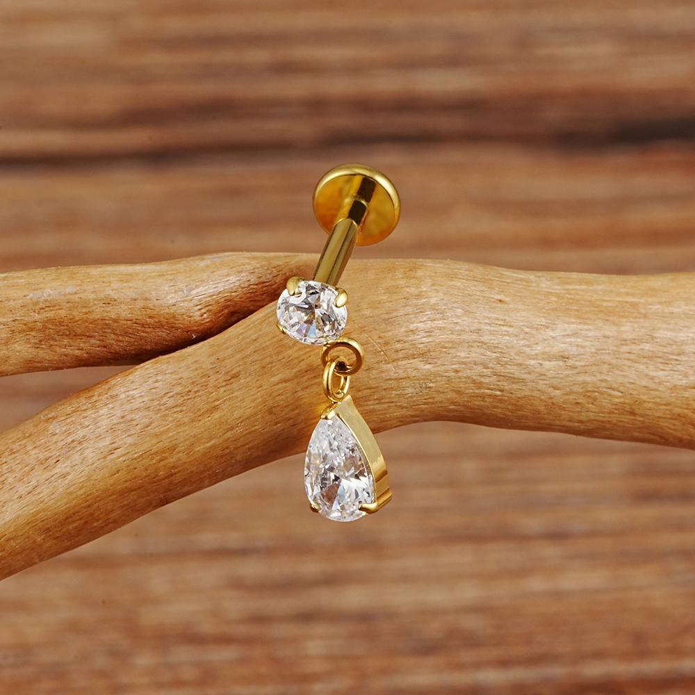Right Grand ASTM F136 Titanium 16G Teardrop Dangle CZ Labret Stud Waterdrop Tragus Cartilage Earring Flatback Helix Piercing