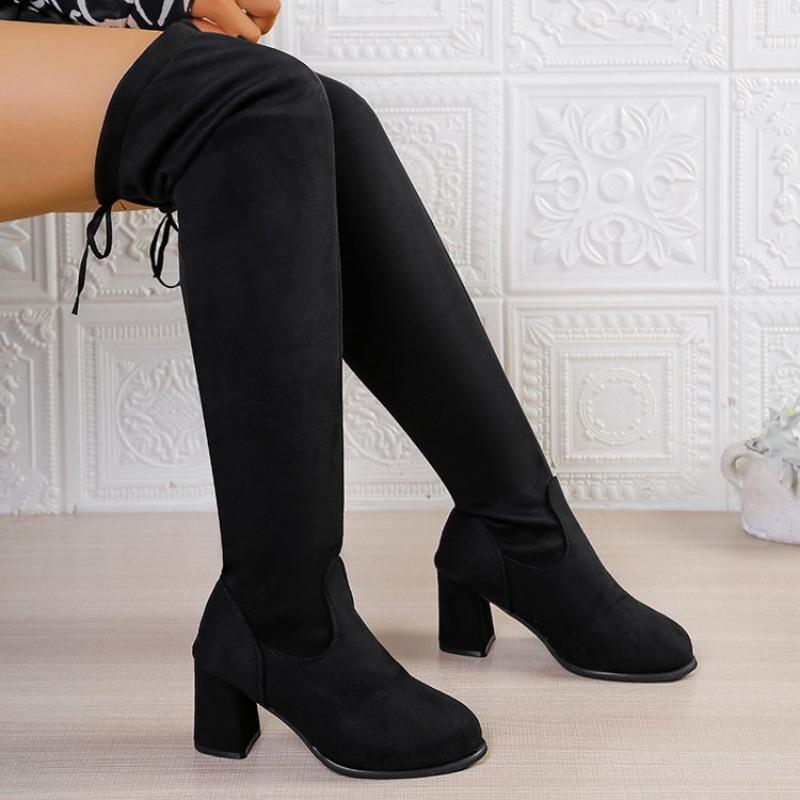 Women's Shoes, Over-the-knee Boots, Women's Boots, Thick Heels with LACES At The Back, High Heels, Round Toe
